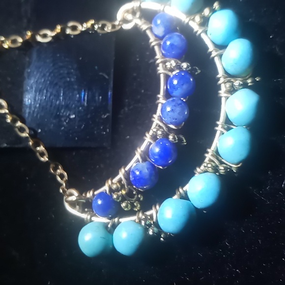 Turquoise & sodalite dangle earrings chain hung on hooks - Picture 4 of 5